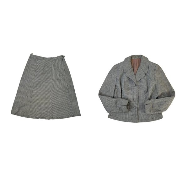 Vintage 1950s Wool Houndstooth Peplum Blazer Skirt Suit 2 Pc USA